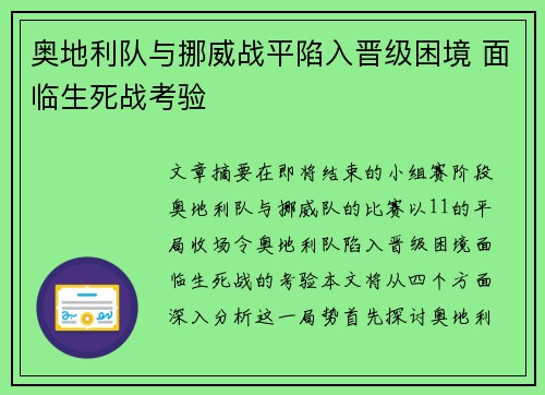奥地利队与挪威战平陷入晋级困境 面临生死战考验