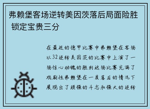 弗赖堡客场逆转美因茨落后局面险胜 锁定宝贵三分